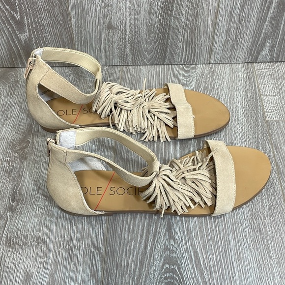 NWOT Sole Society Koa Fringe Leather T-Strap Ankle Strap Flat Sandal Caramel 8.5 - Picture 5 of 15